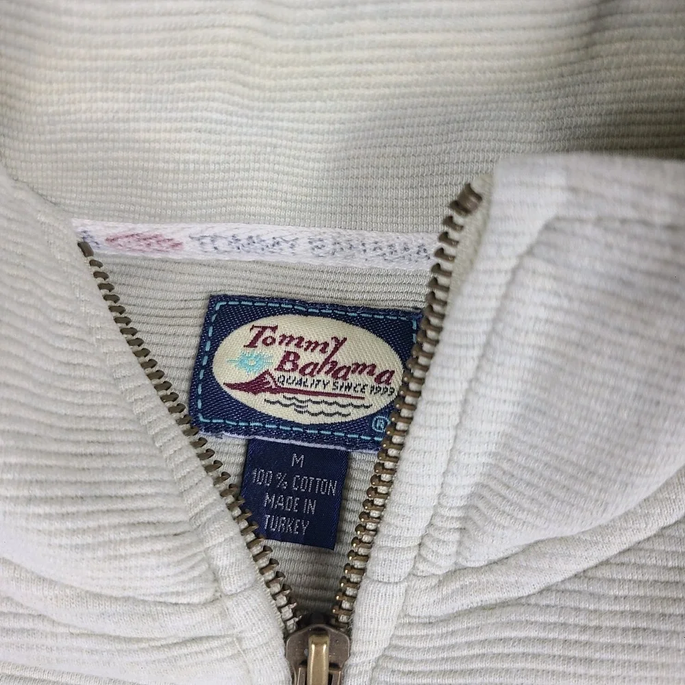 Tommy Bahama‎ Sweater Mens Medium Beige Striped Cotton Quarter Zip Relax Fit
